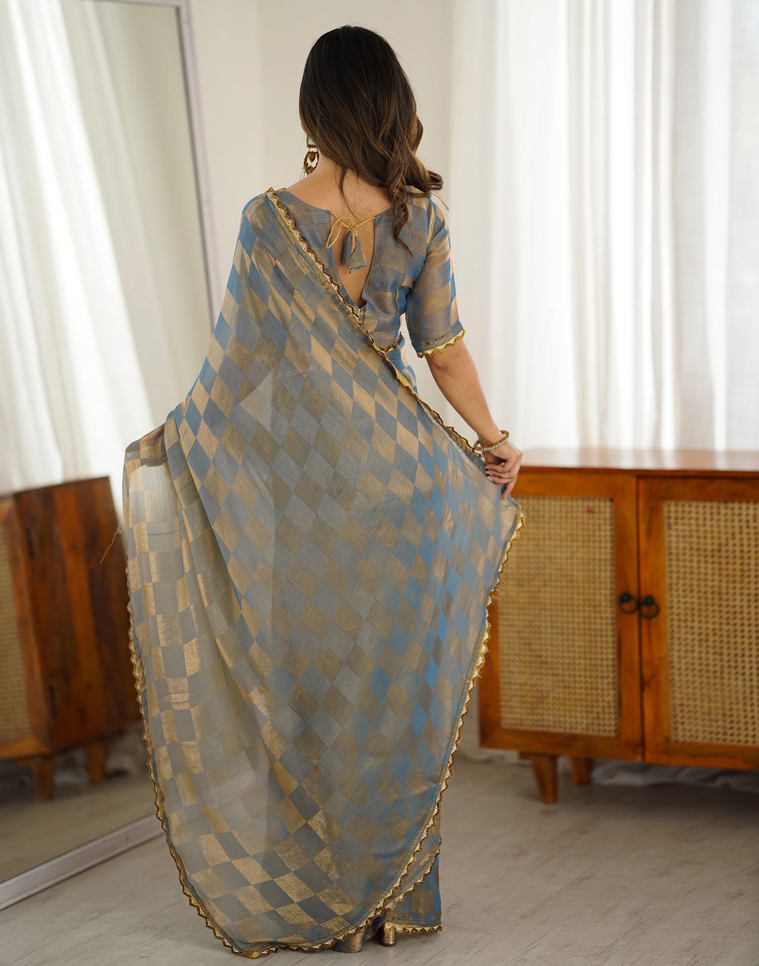 Teal Blue Shimmer Woven Saree