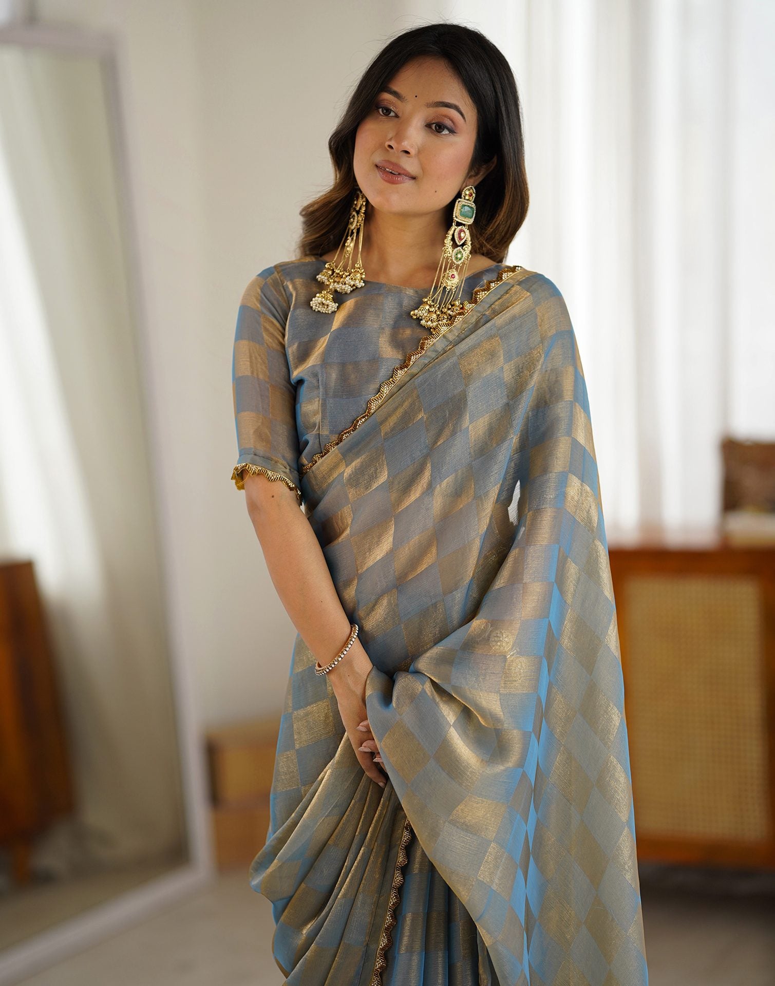 Teal Blue Shimmer Woven Saree