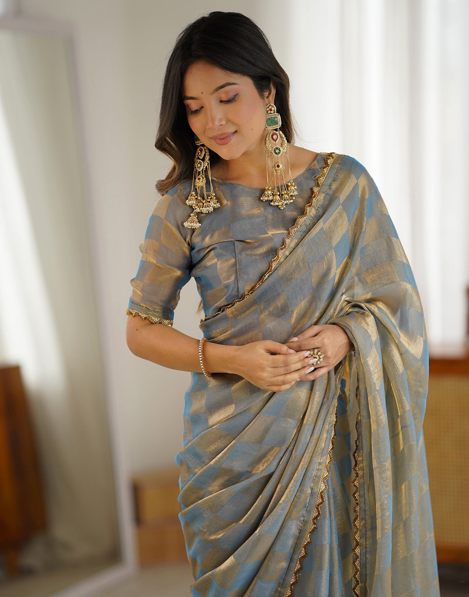 Teal Blue Shimmer Woven Saree