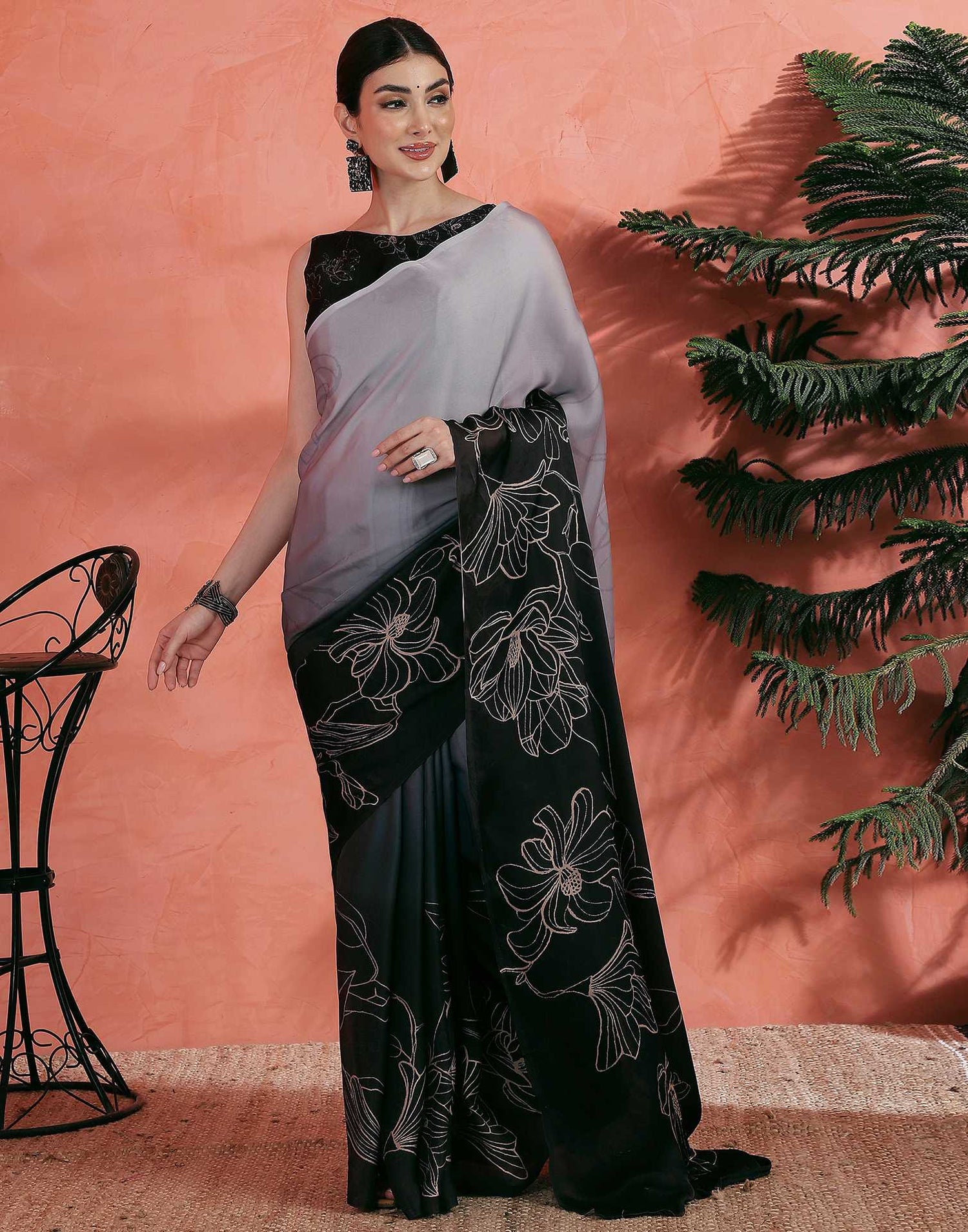 Grey Satin Printed Saree