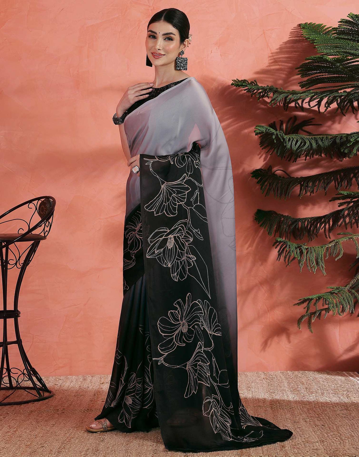 Grey Satin Printed Saree