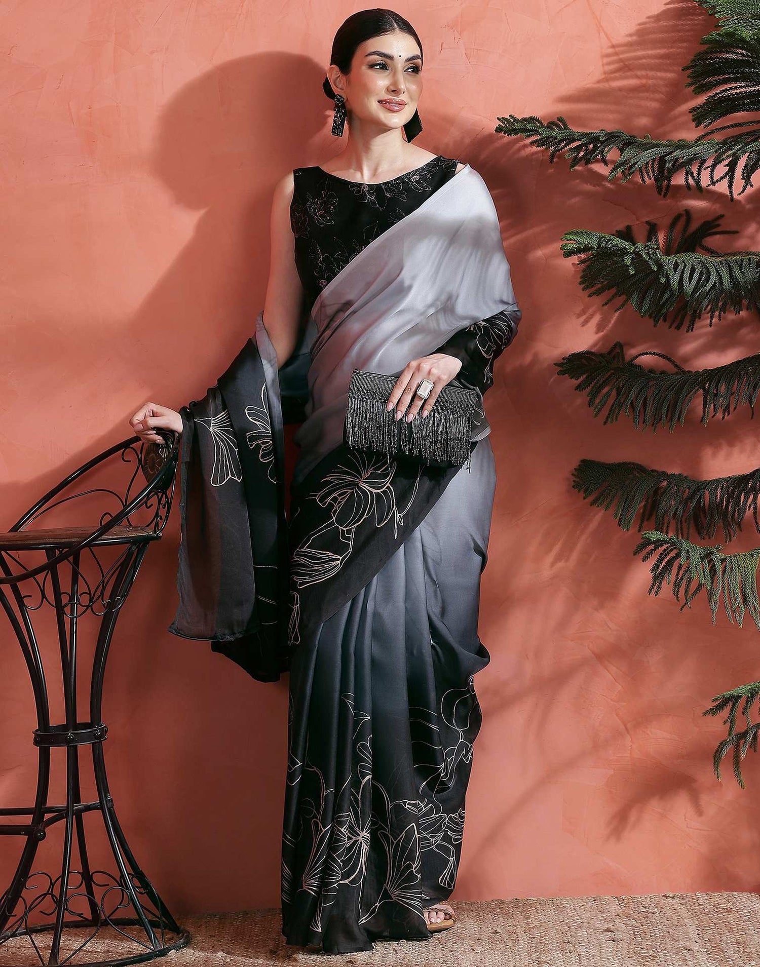 Grey Satin Printed Saree