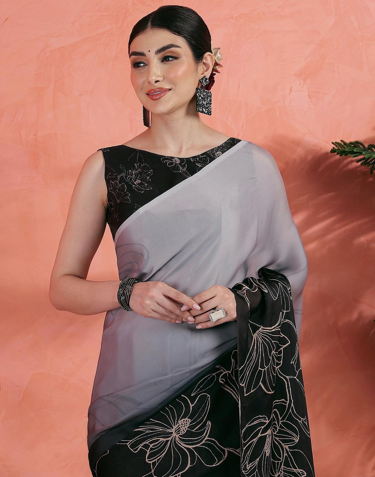 Grey Satin Printed Saree