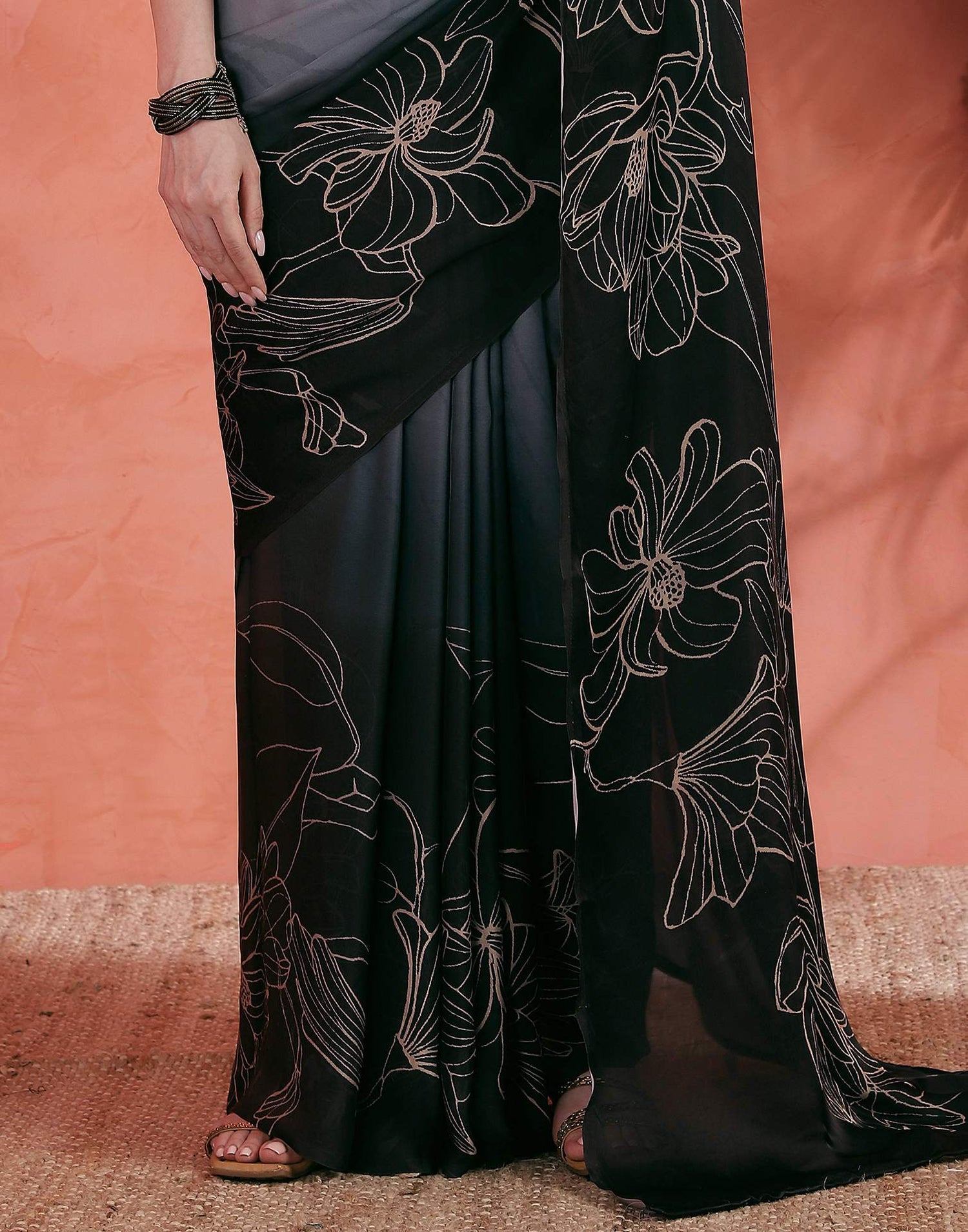 Grey Satin Printed Saree