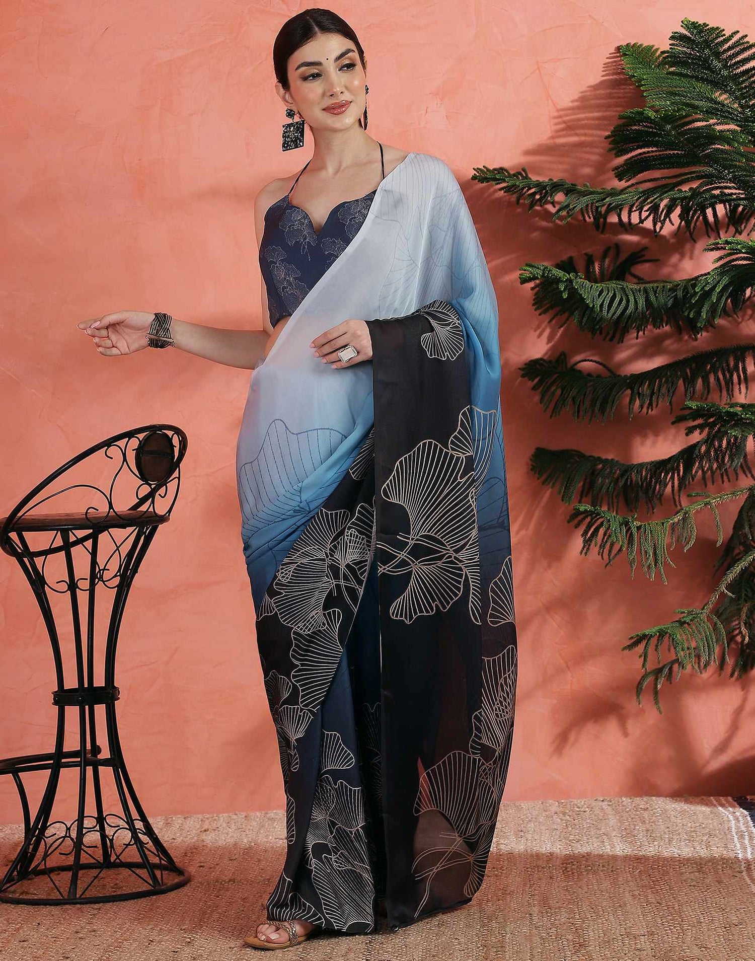 Blue Satin Printed Saree