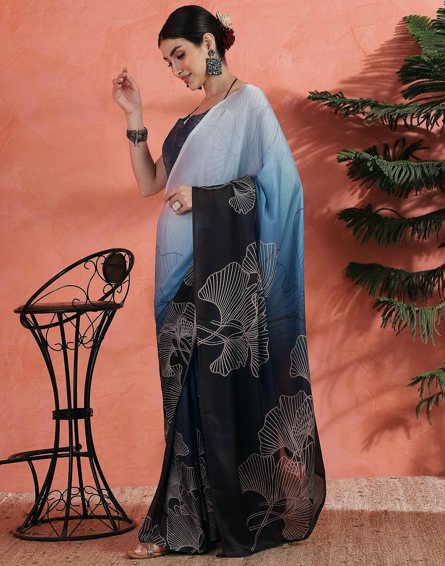 Blue Satin Printed Saree