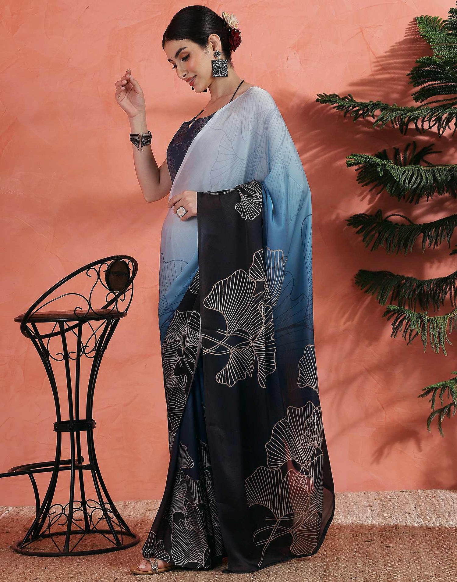 Blue Satin Printed Saree