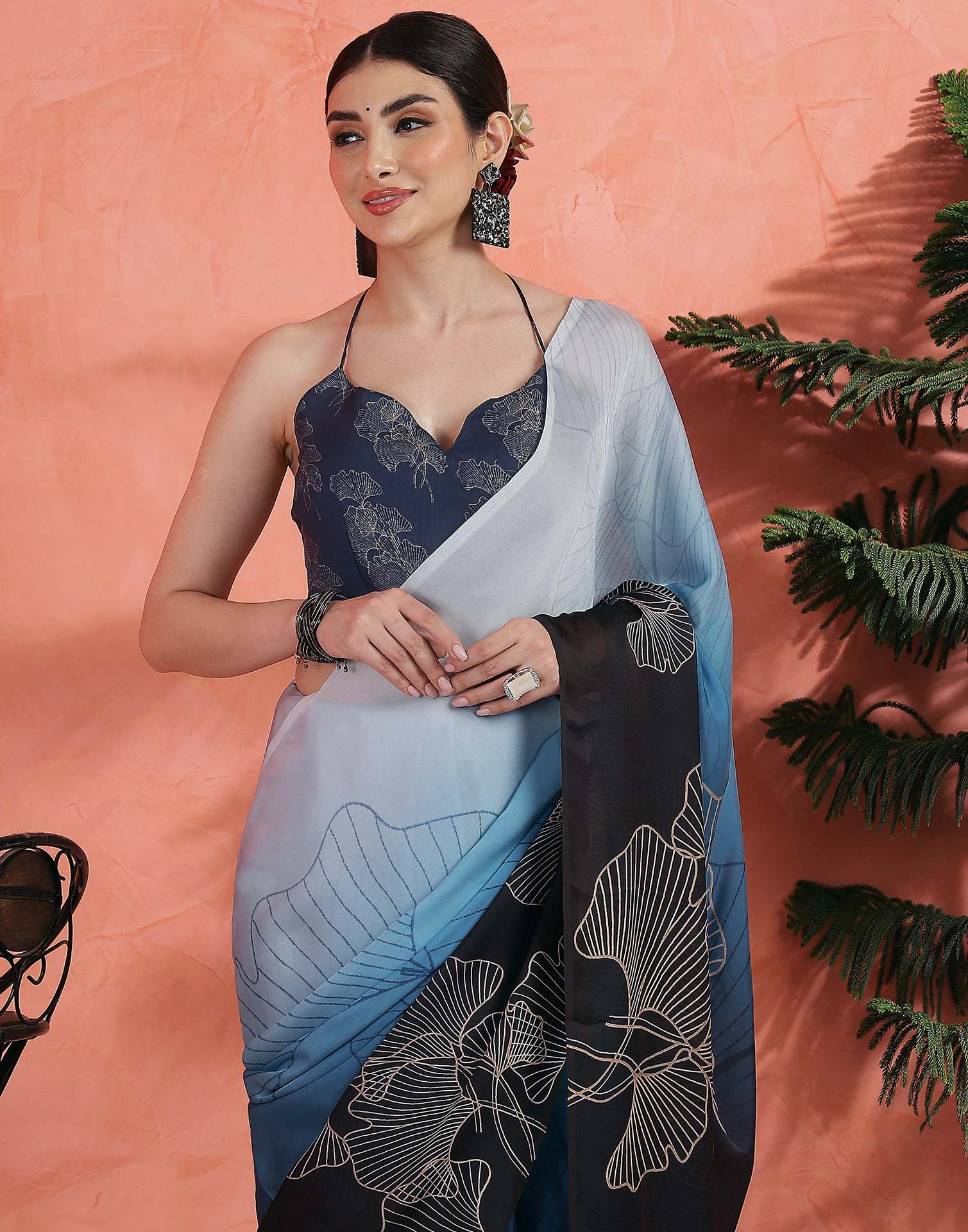 Blue Satin Printed Saree