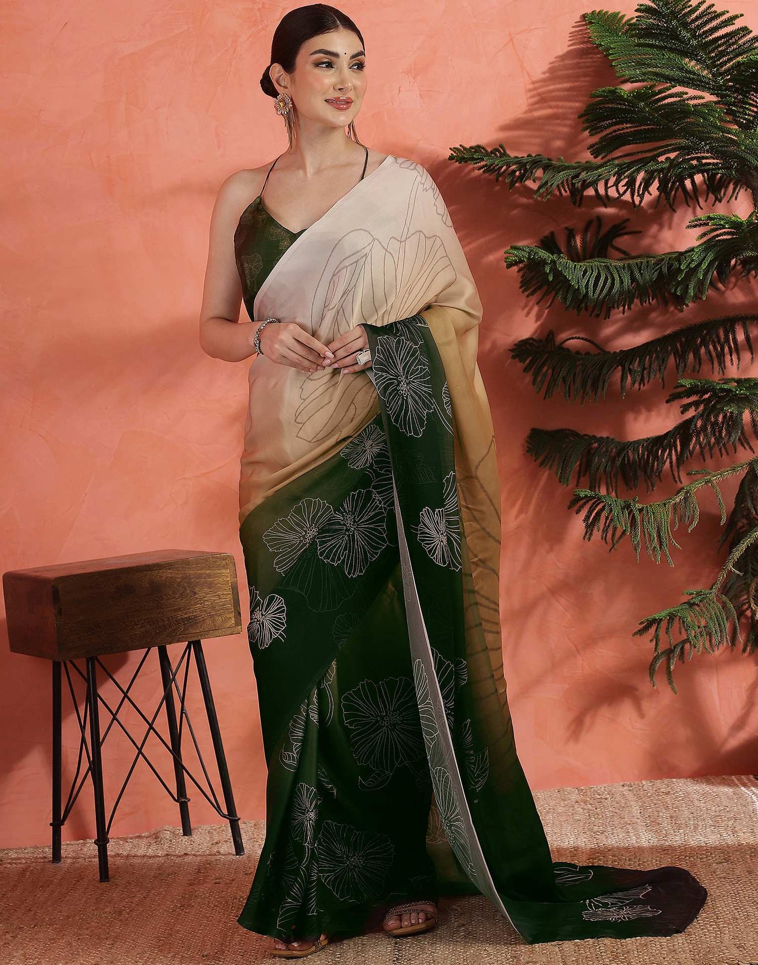 Dark Green Satin Printed Saree