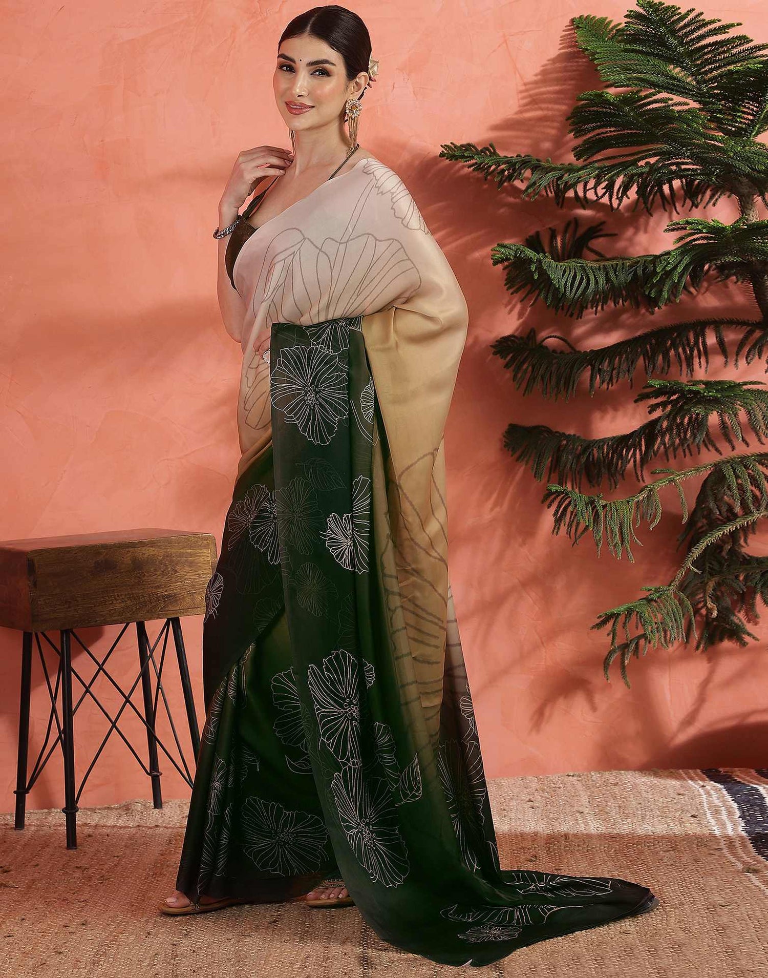 Dark Green Satin Printed Saree