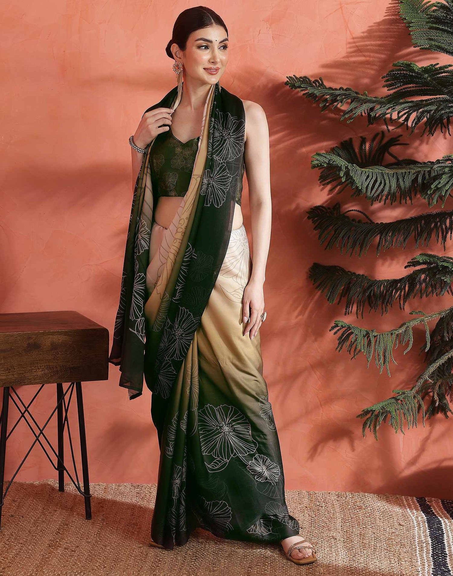 Dark Green Satin Printed Saree
