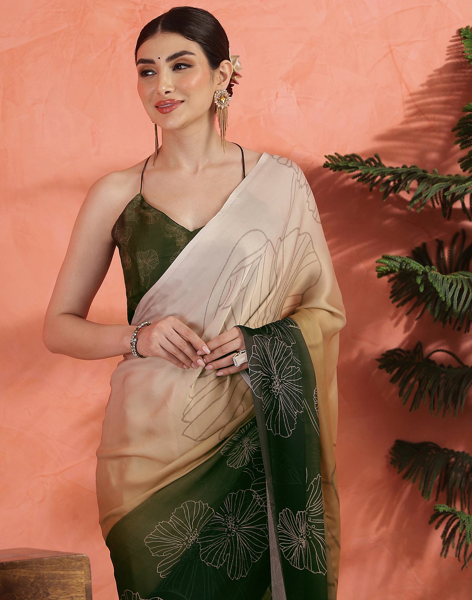 Dark Green Satin Printed Saree