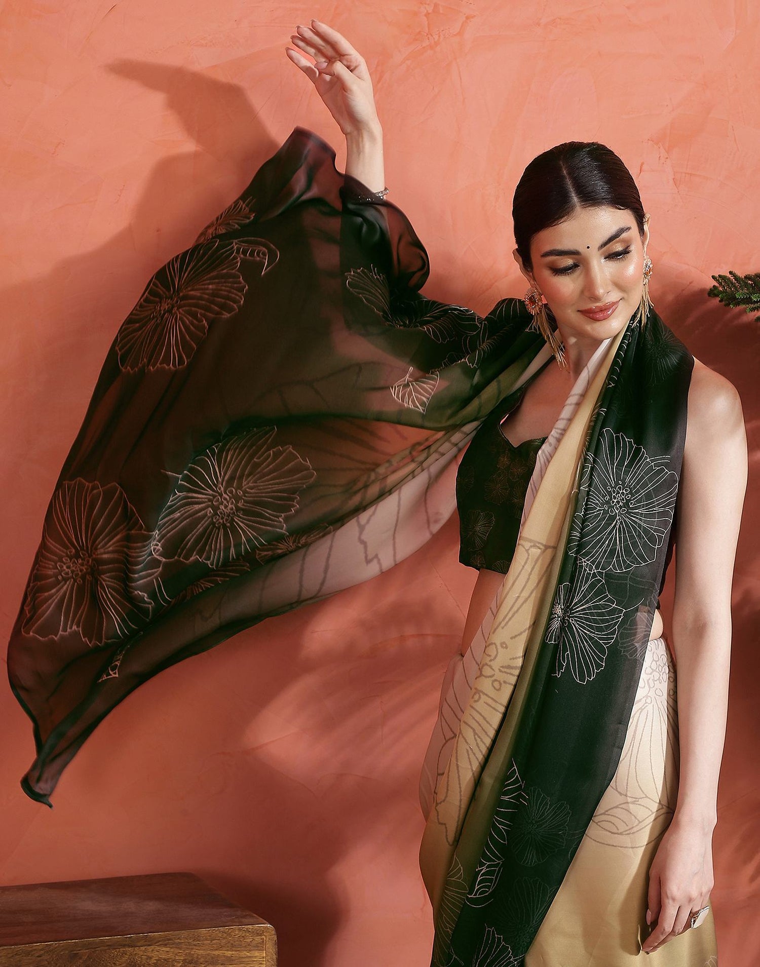 Dark Green Satin Printed Saree