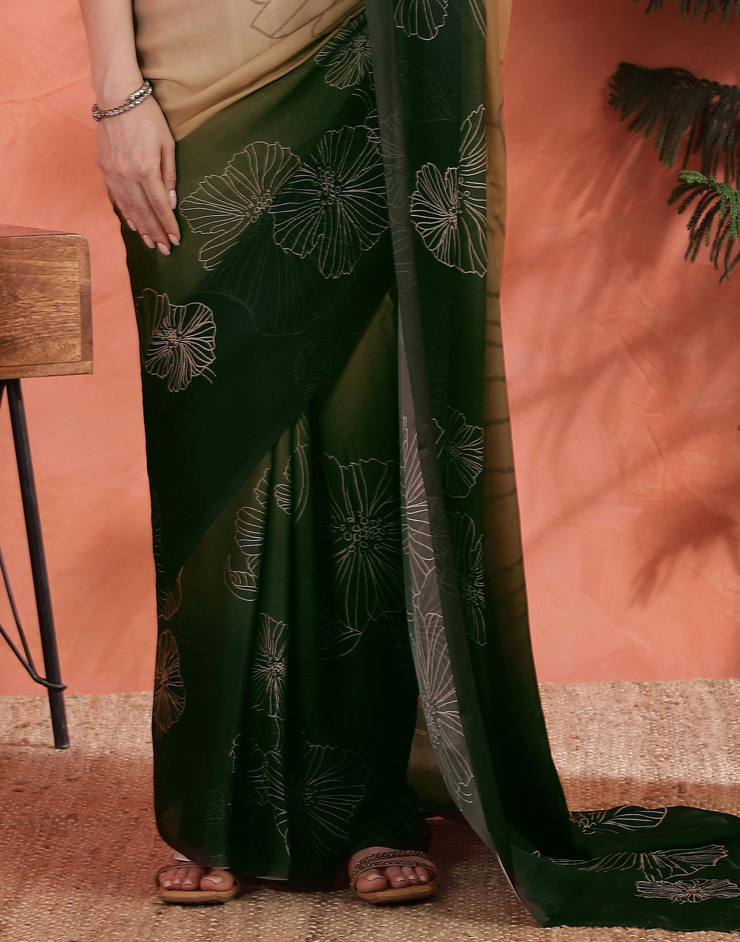 Dark Green Satin Printed Saree
