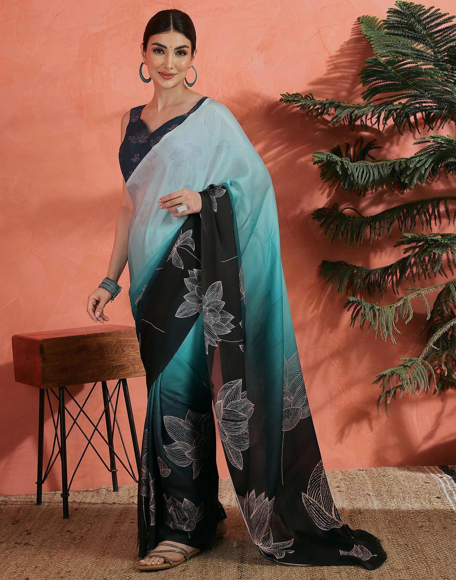 Opal Blue Satin Printed Saree