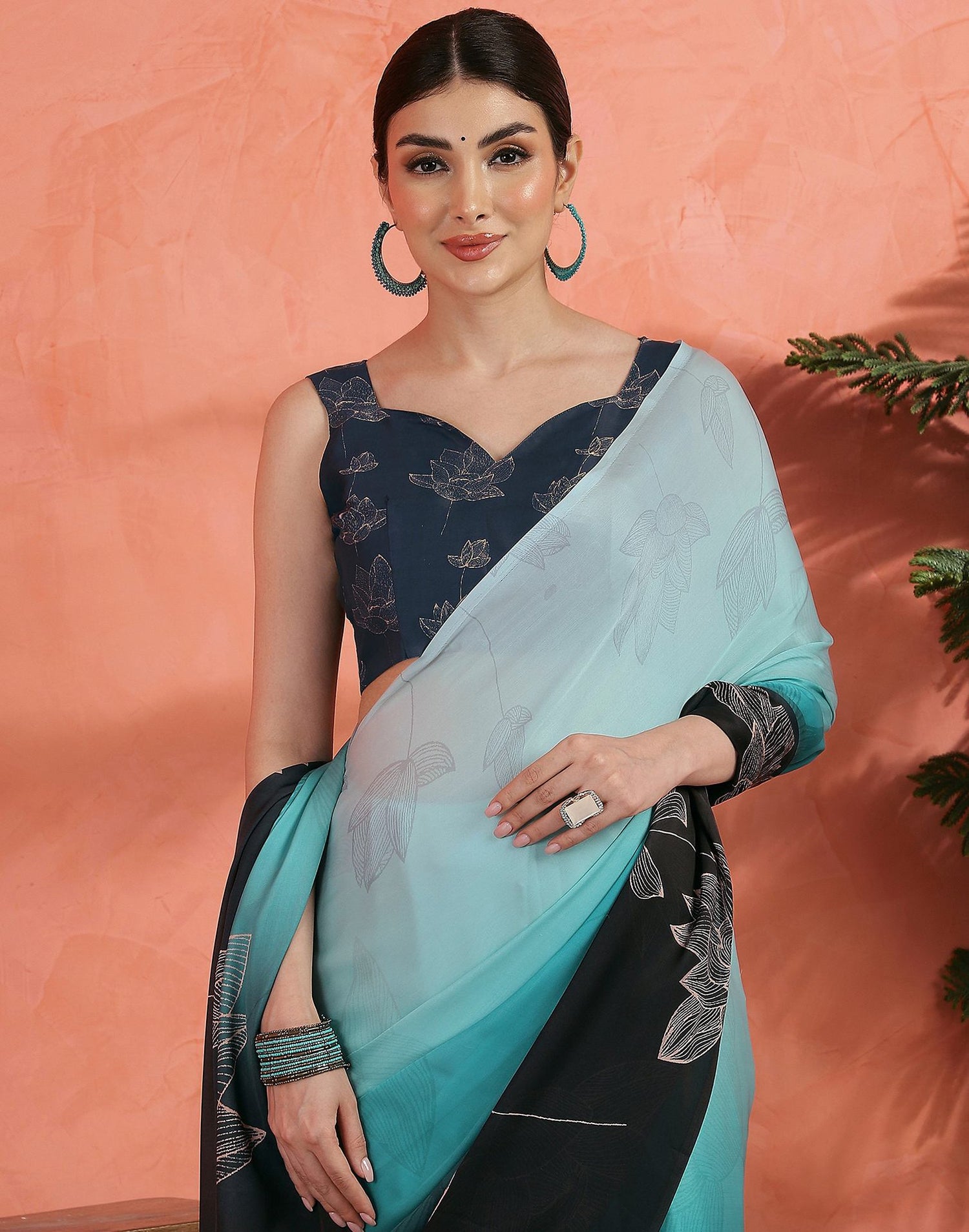 Opal Blue Satin Printed Saree