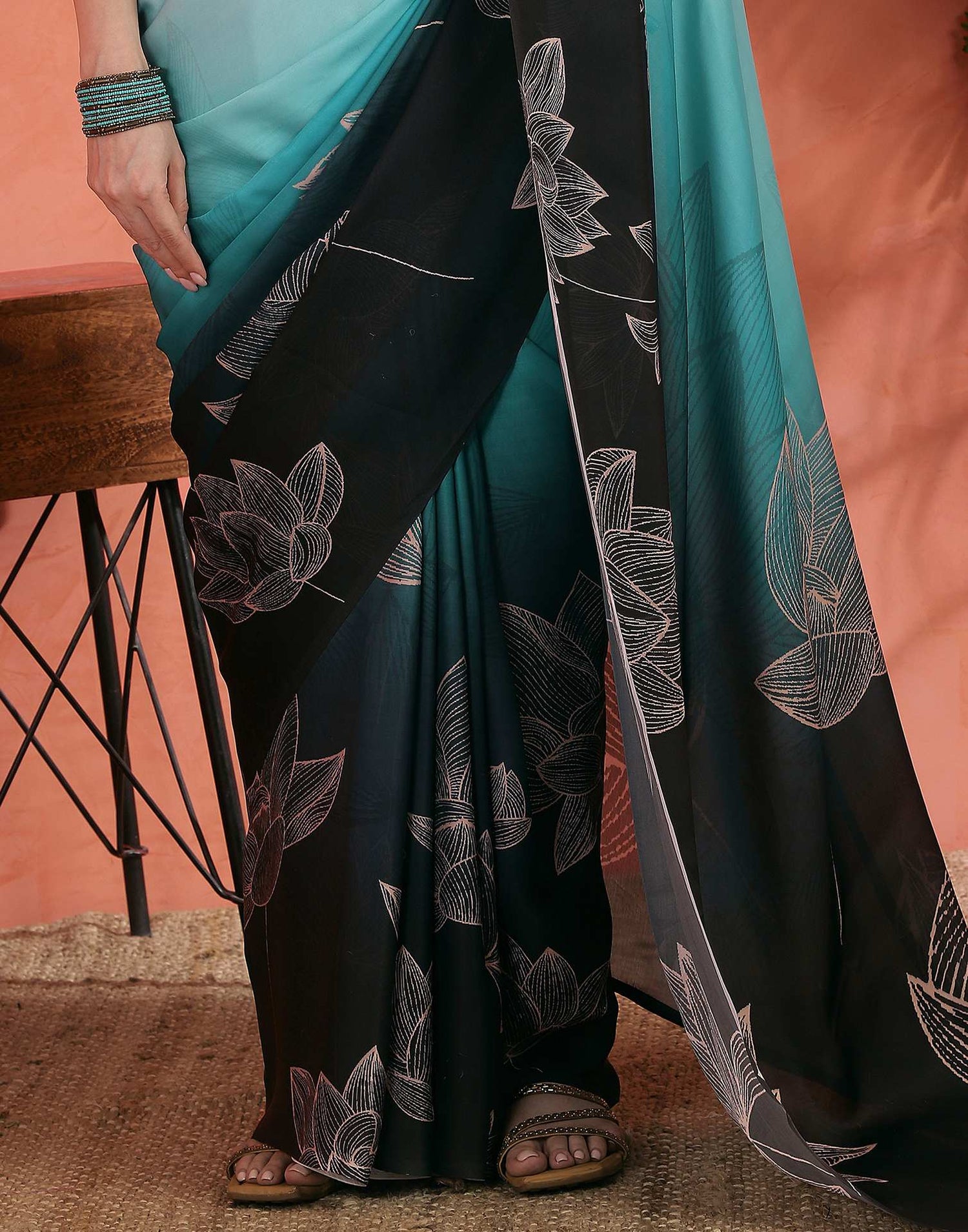 Opal Blue Satin Printed Saree