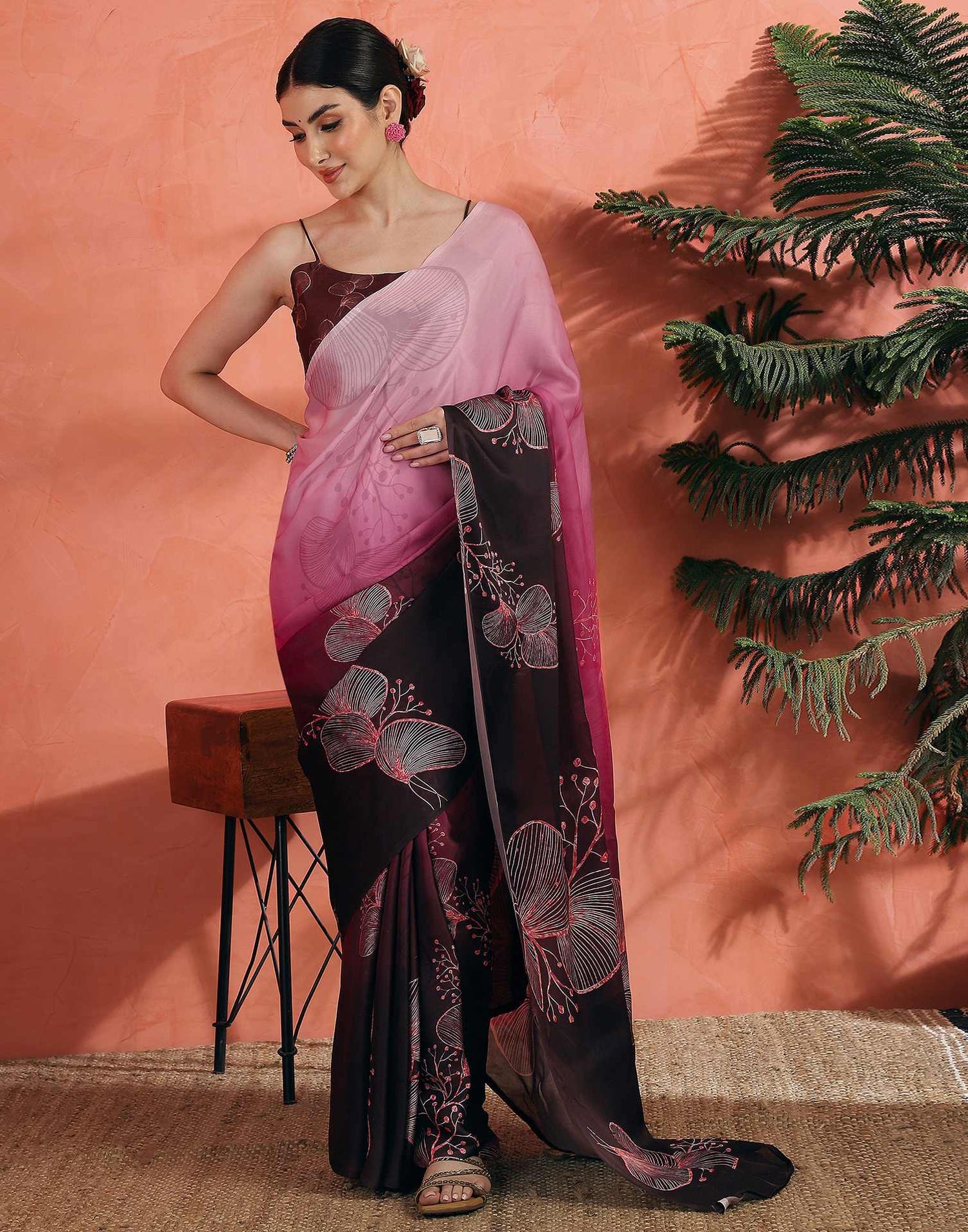 Rose Pink Satin Printed Saree