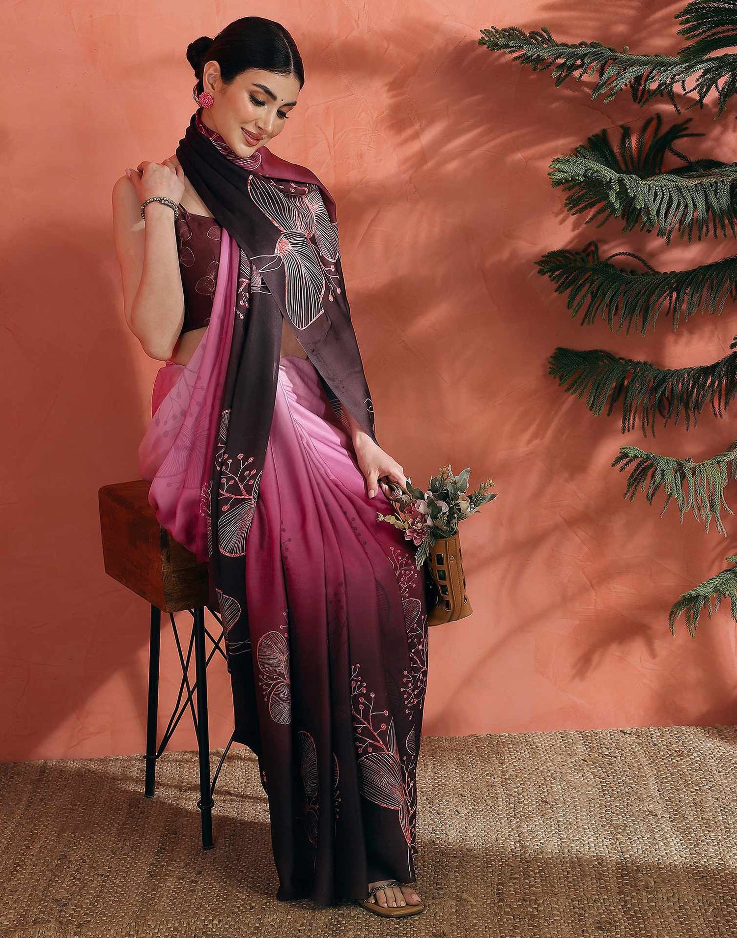 Rose Pink Satin Printed Saree