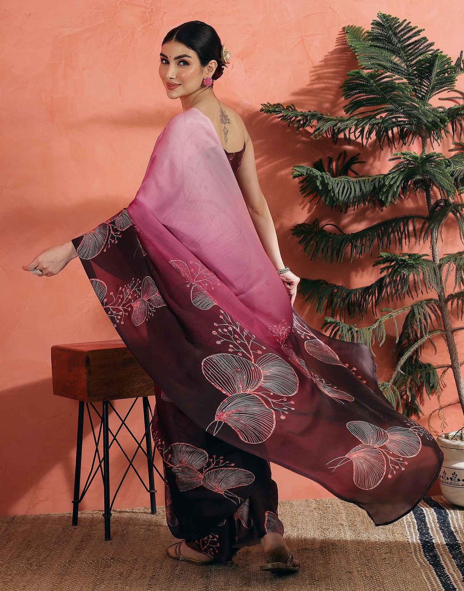 Rose Pink Satin Printed Saree