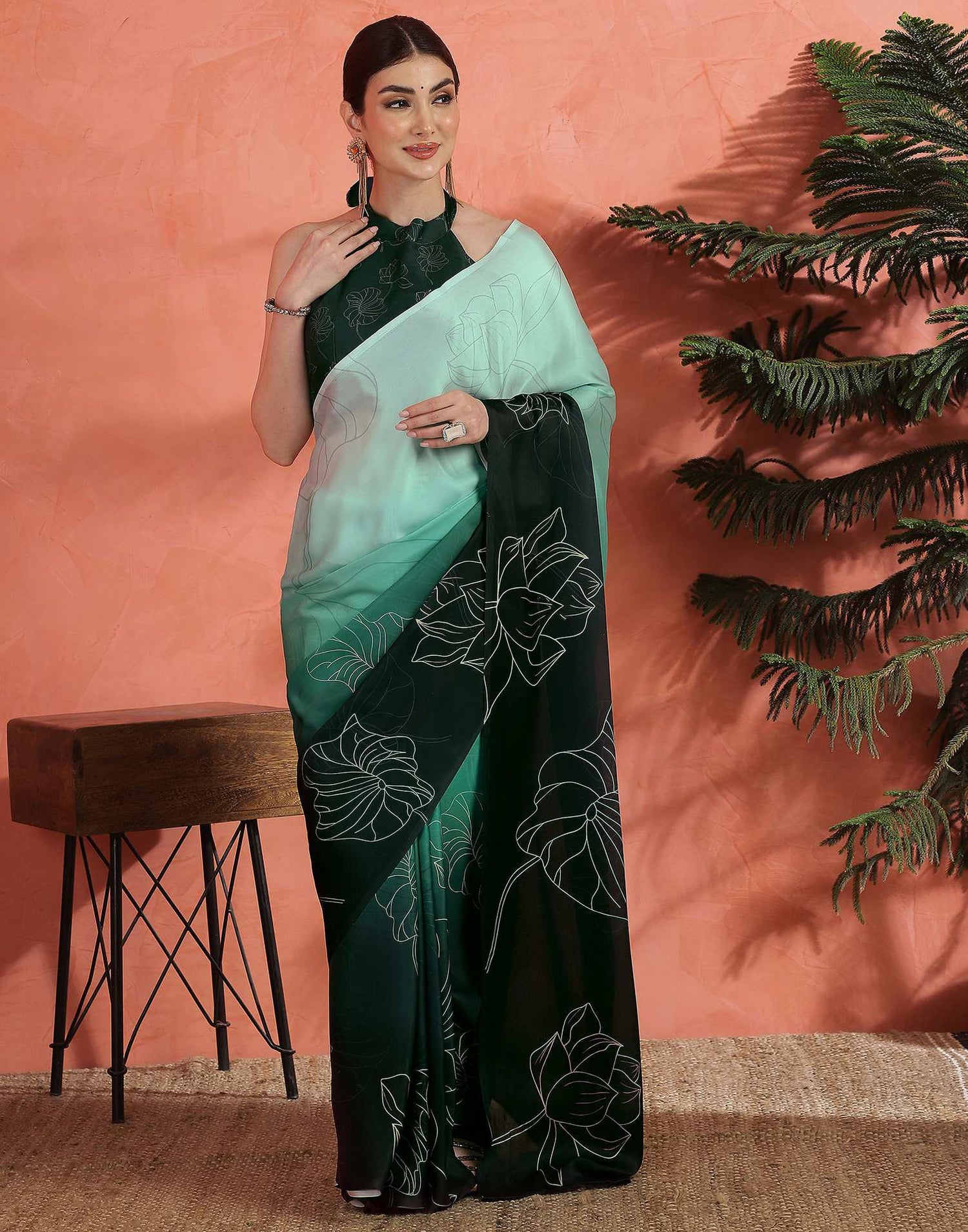 Sea Green Satin Printed Saree