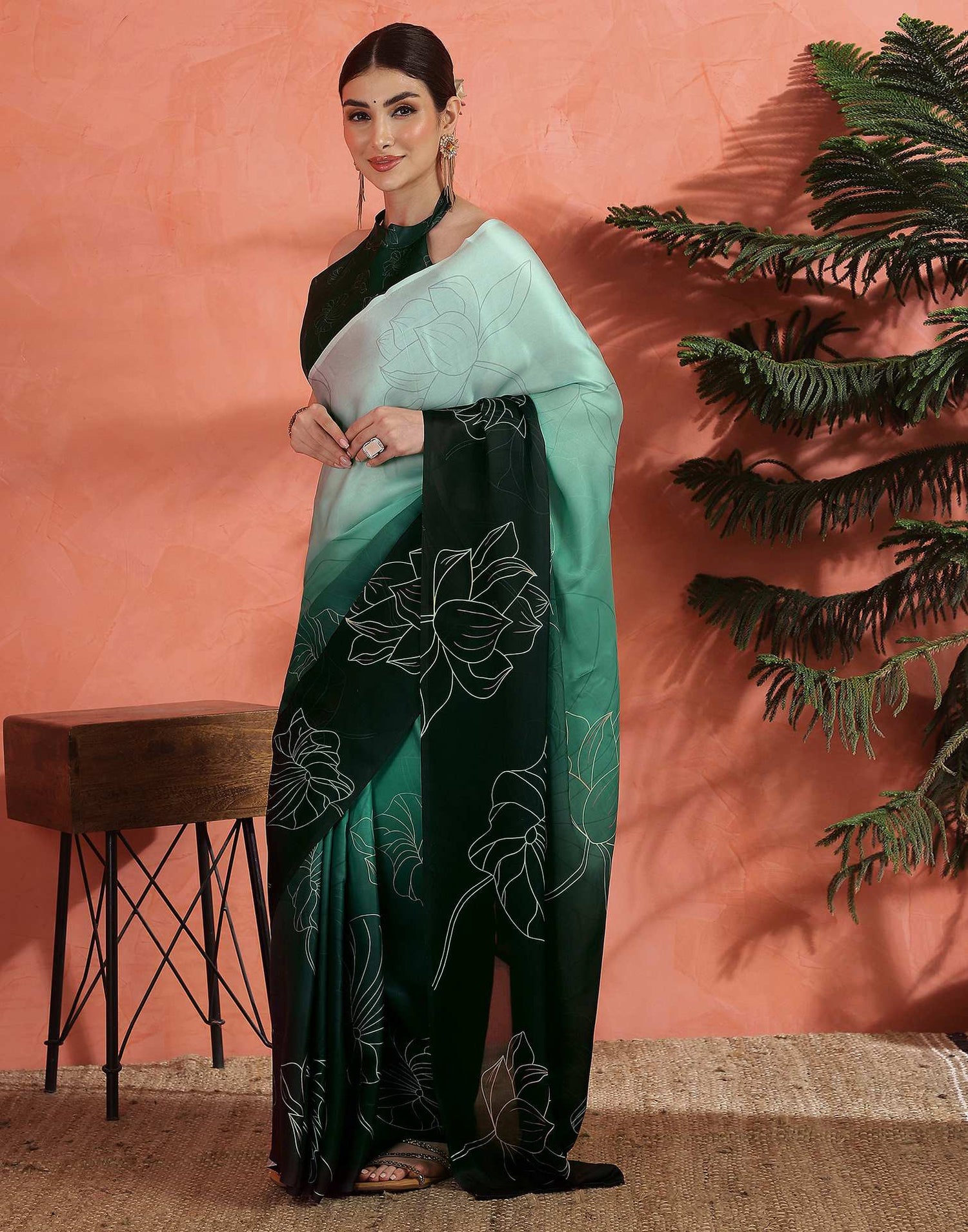 Sea Green Satin Printed Saree