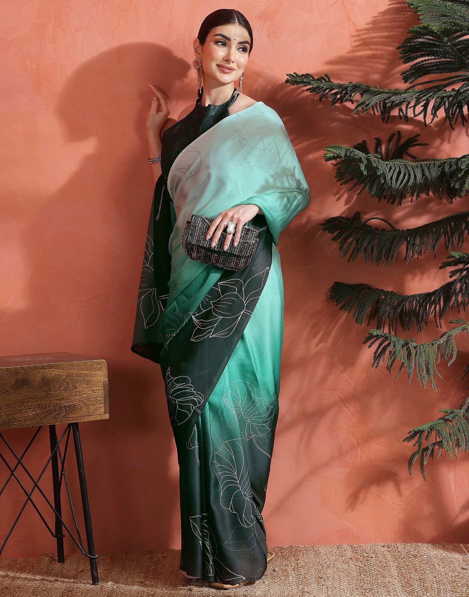 Sea Green Satin Printed Saree