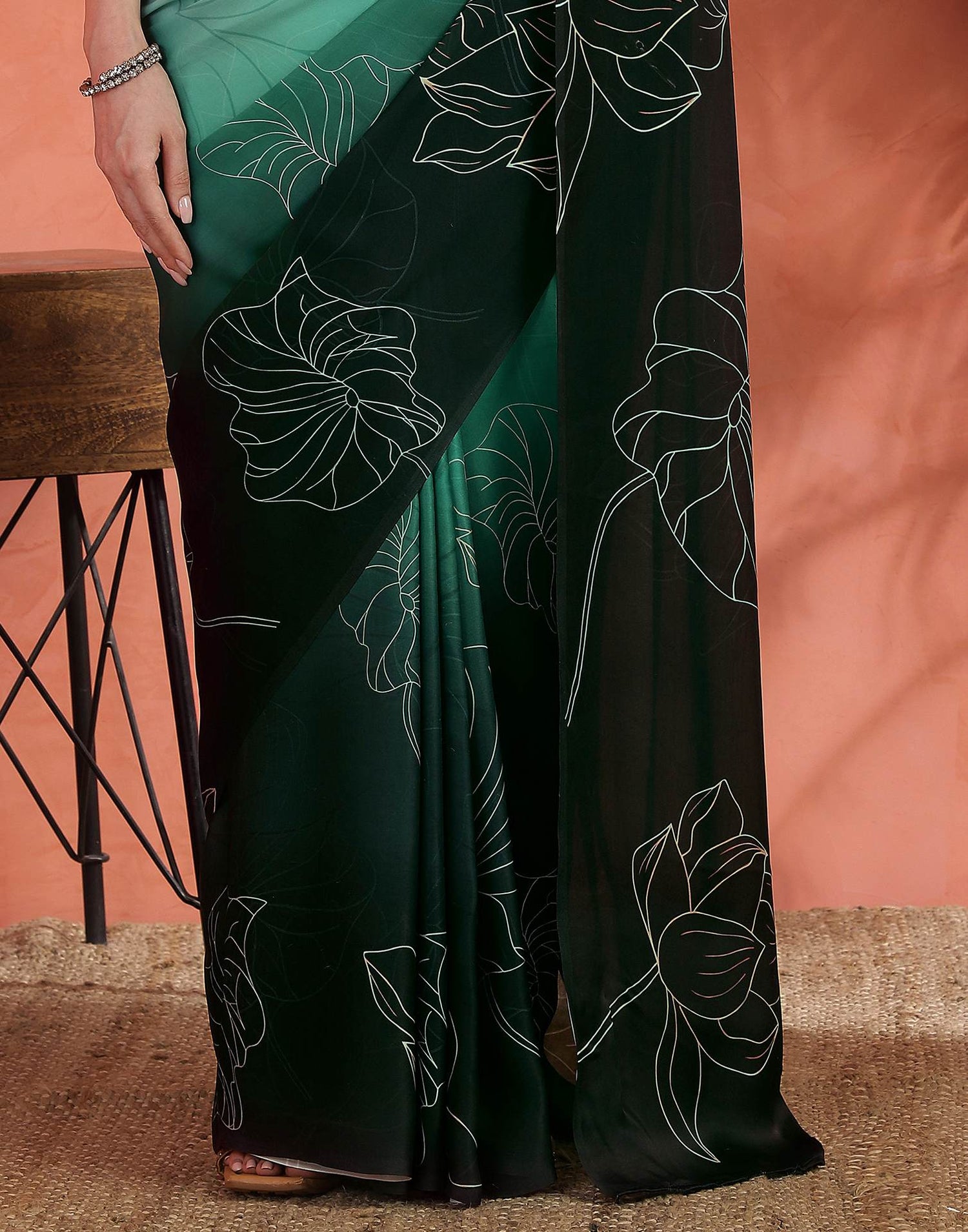 Sea Green Satin Printed Saree