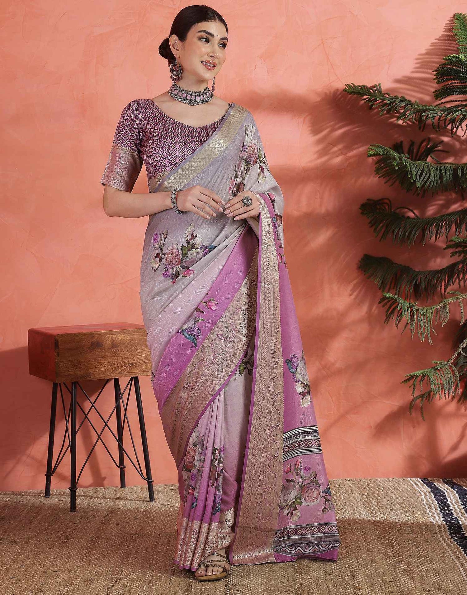 Grey Silk Printed Saree