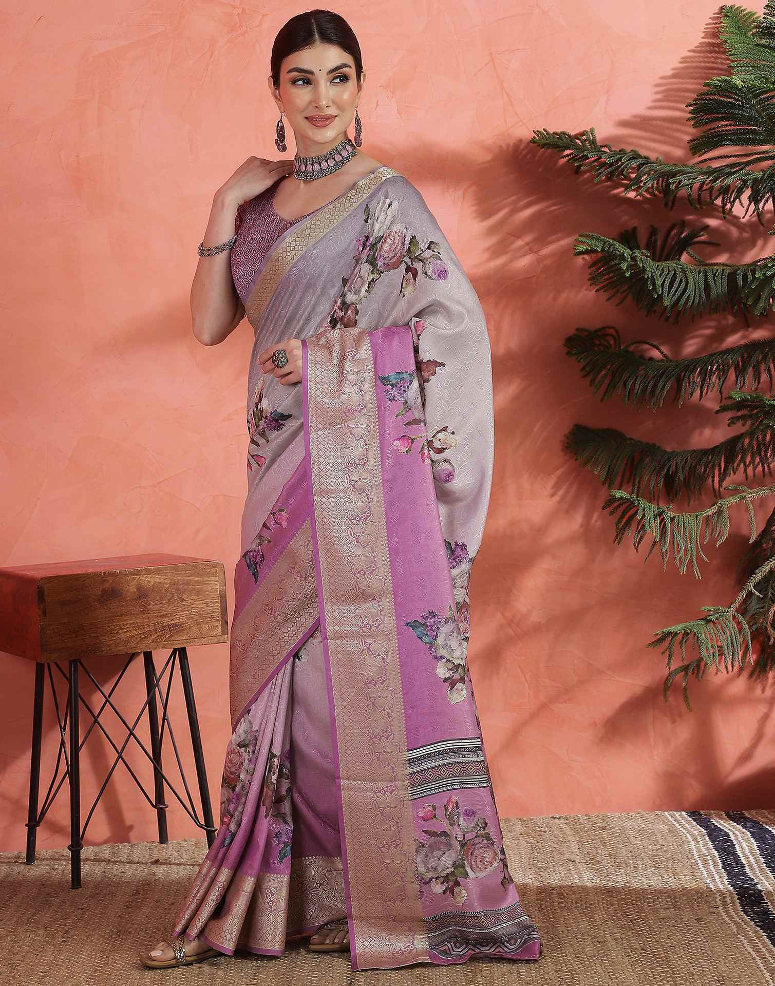 Grey Silk Printed Saree