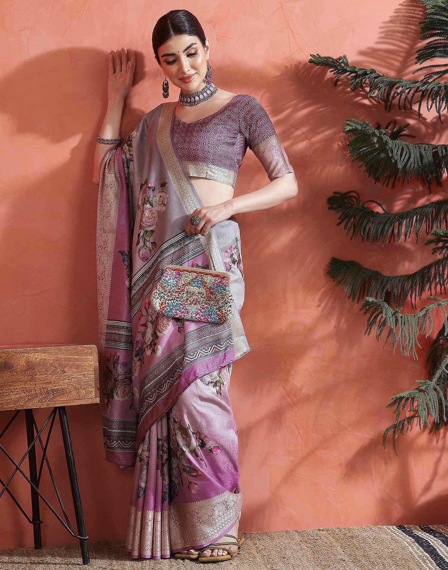 Grey Silk Printed Saree