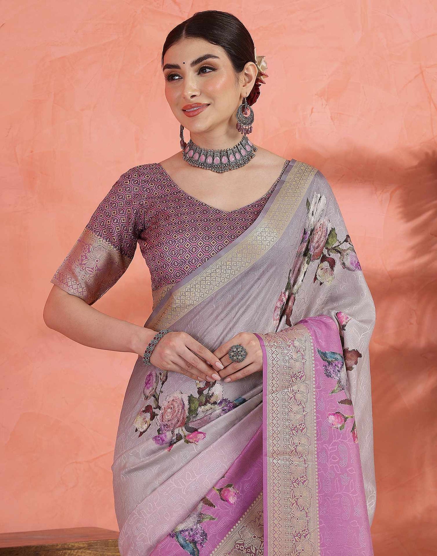 Grey Silk Printed Saree