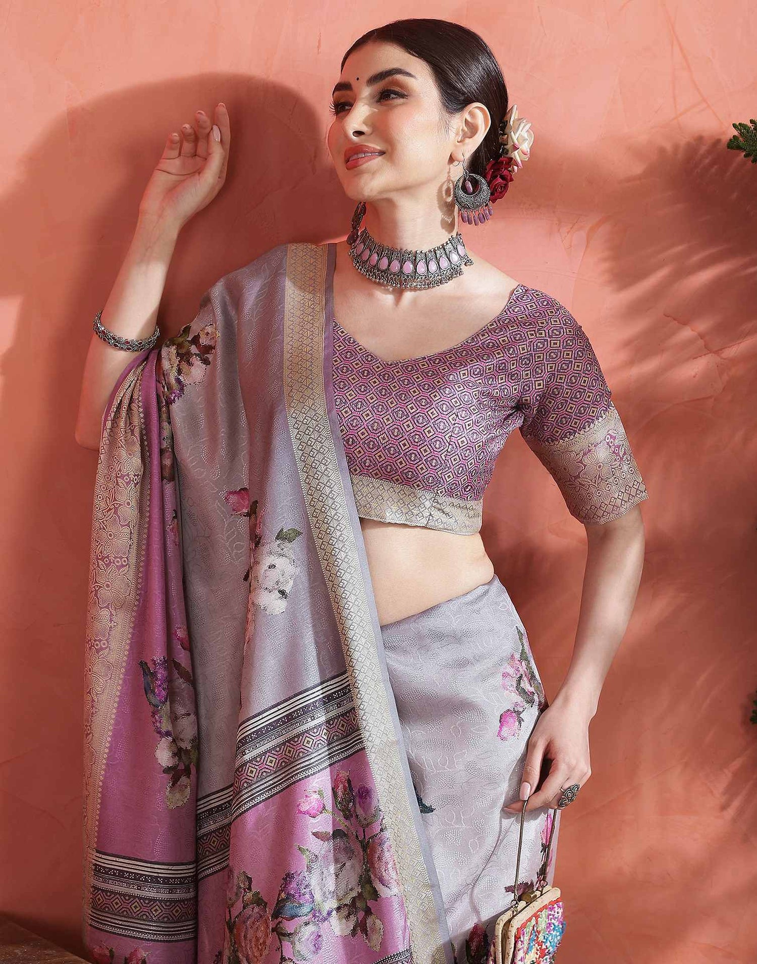 Grey Silk Printed Saree