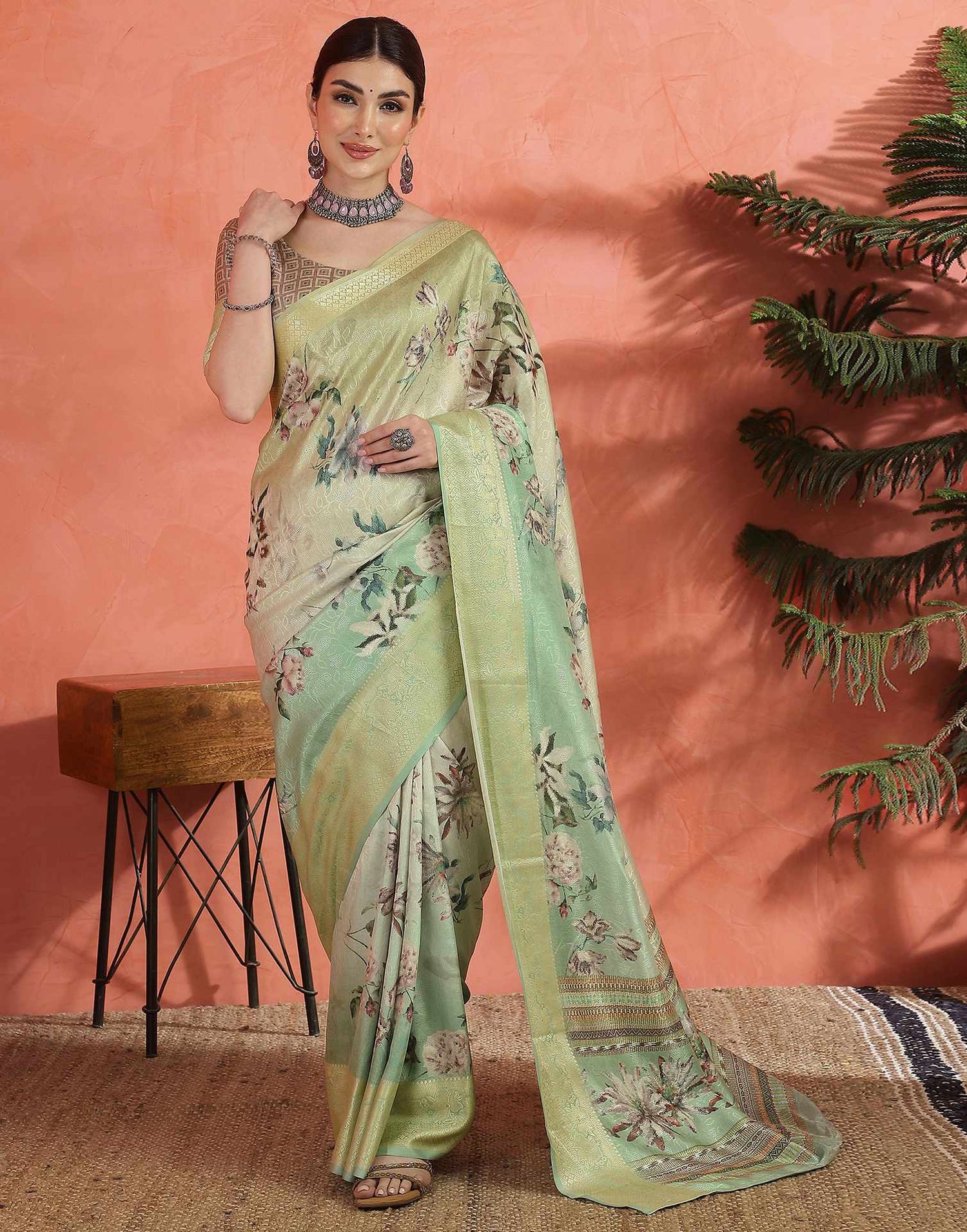 Mint Green Silk Printed Saree
