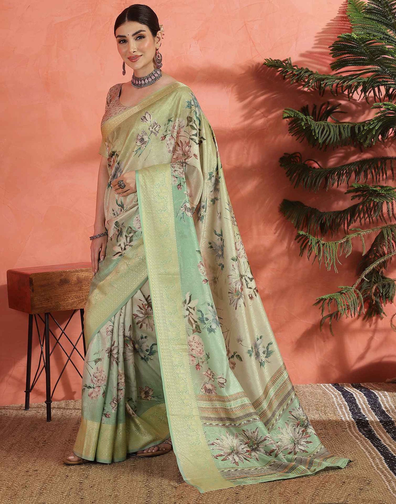 Mint Green Silk Printed Saree