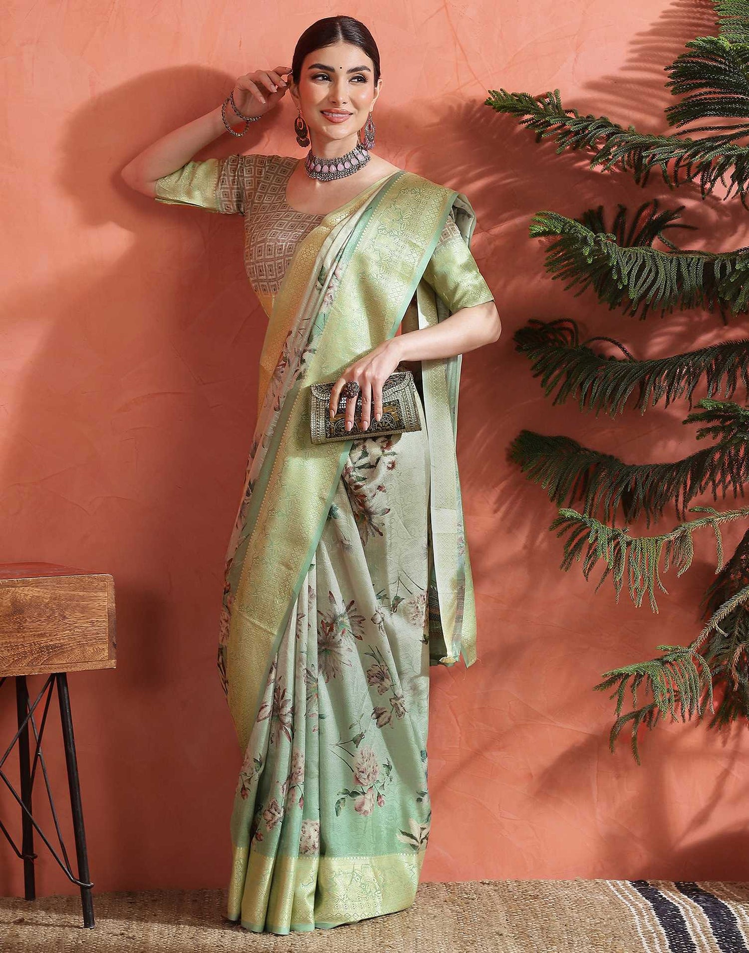 Mint Green Silk Printed Saree