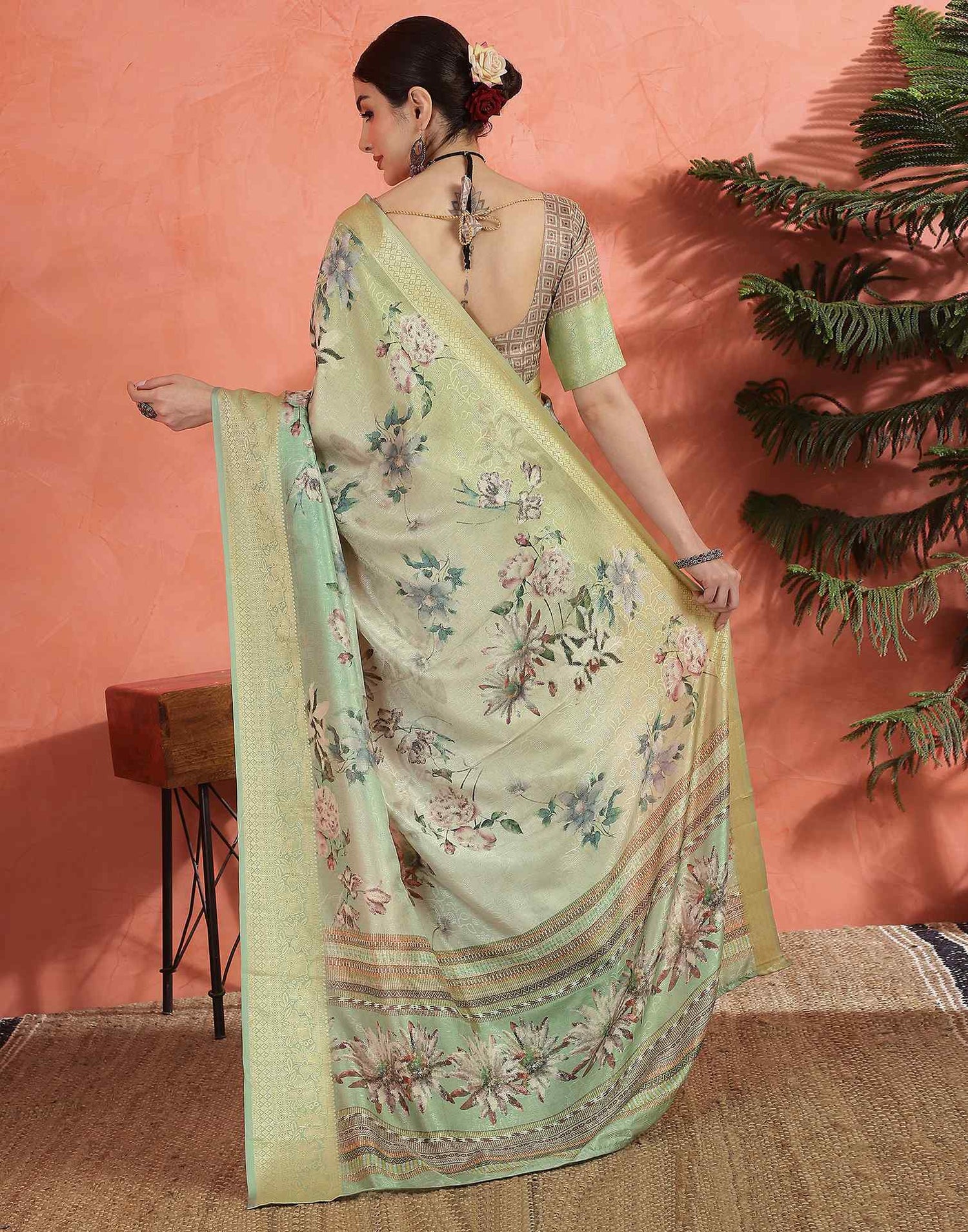 Mint Green Silk Printed Saree
