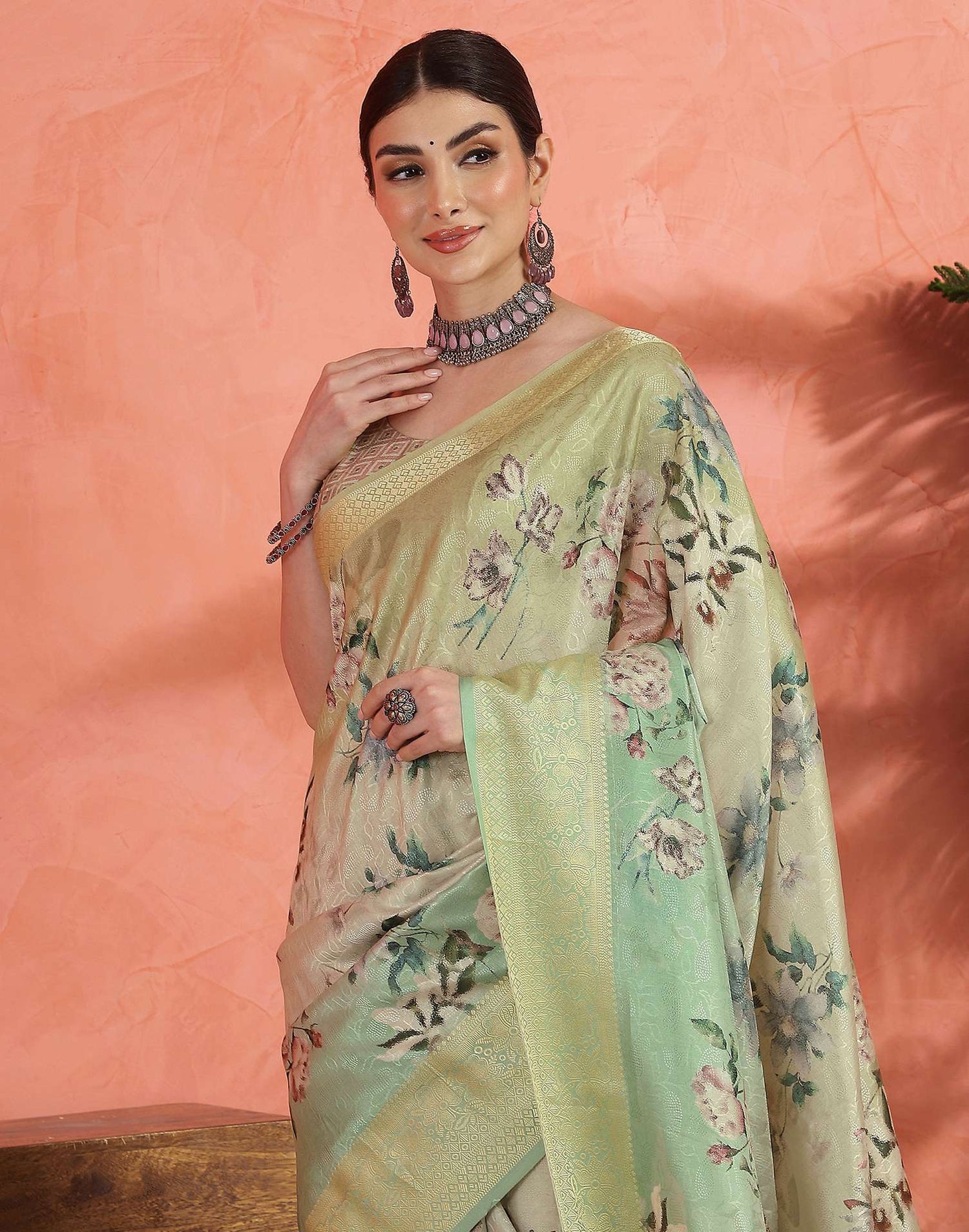 Mint Green Silk Printed Saree