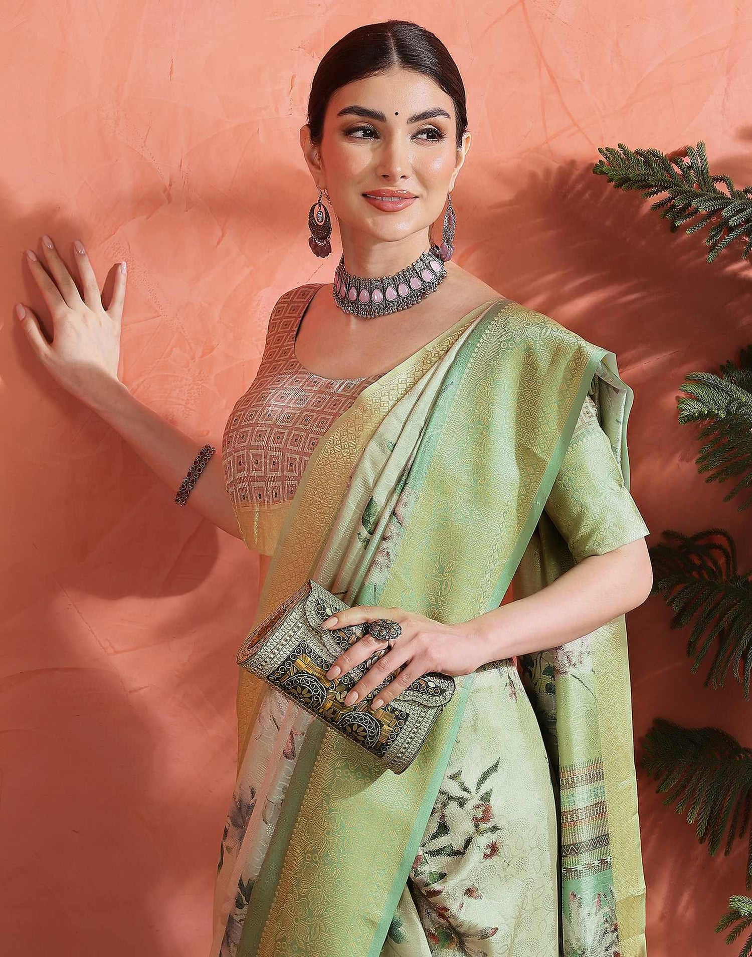 Mint Green Silk Printed Saree