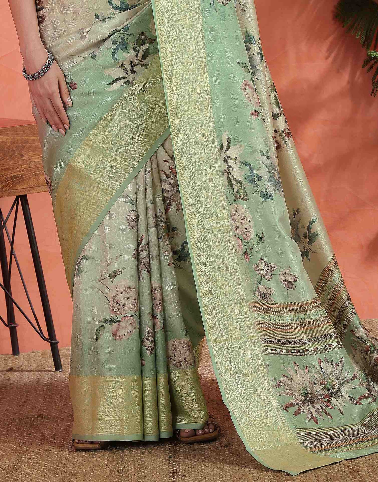 Mint Green Silk Printed Saree