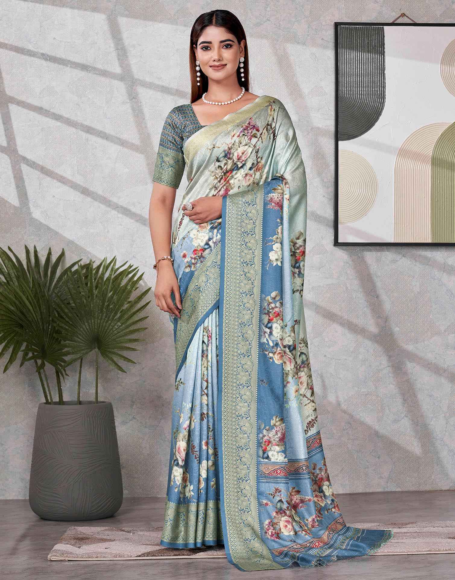 Teal Blue Silk Printed Saree