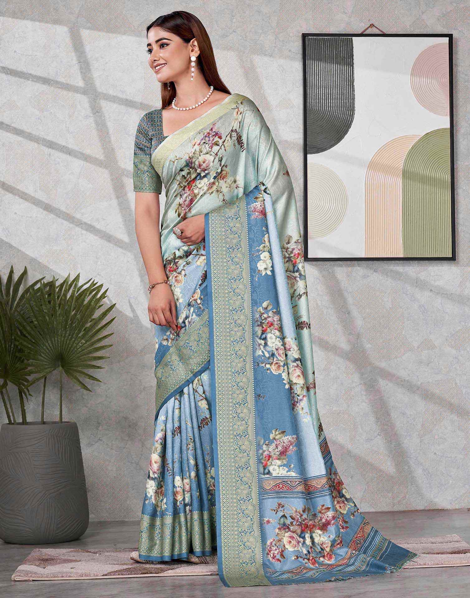 Teal Blue Silk Printed Saree