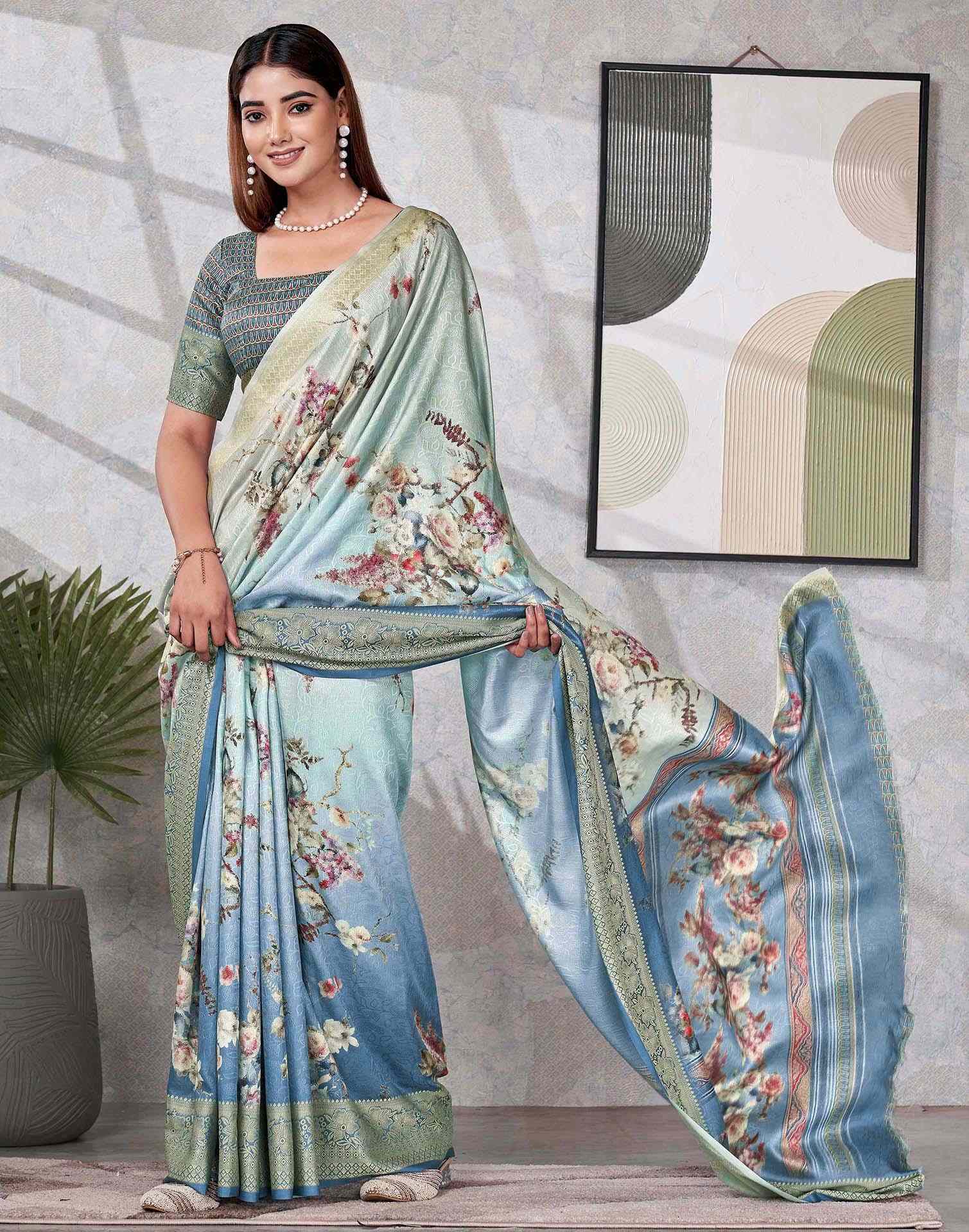 Teal Blue Silk Printed Saree
