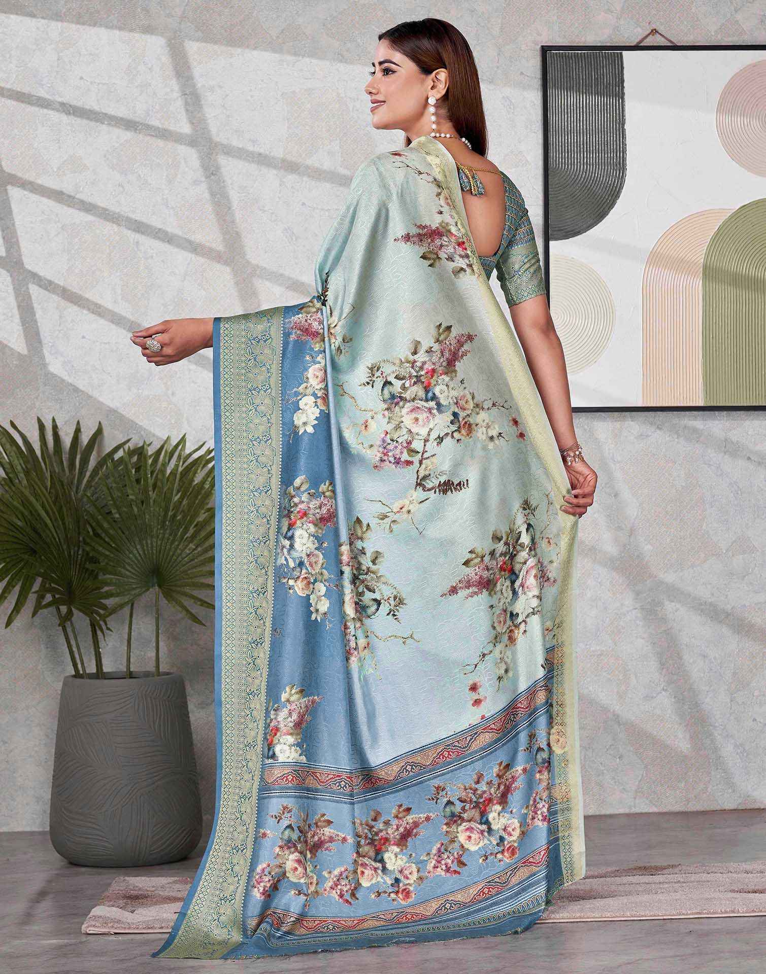 Teal Blue Silk Printed Saree