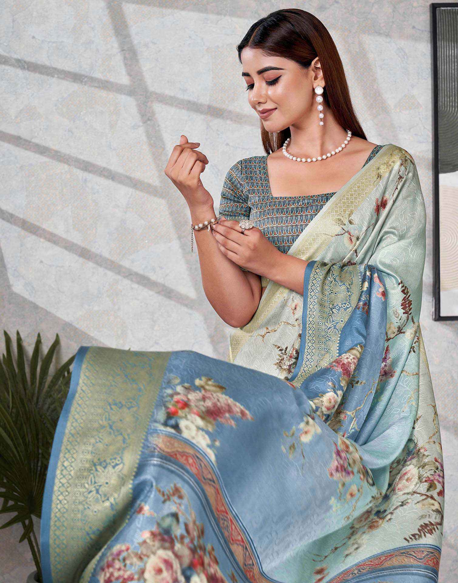 Teal Blue Silk Printed Saree