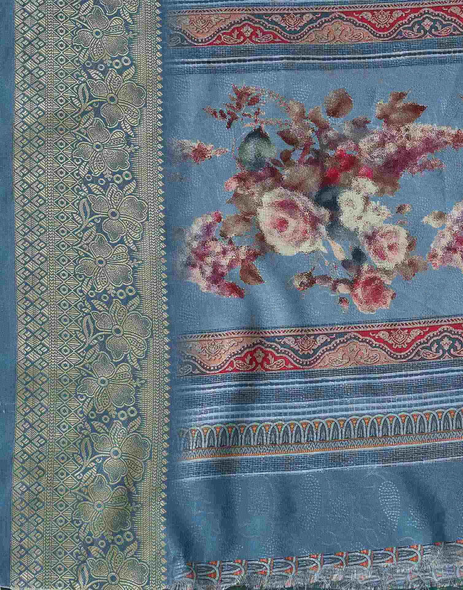 Teal Blue Silk Printed Saree