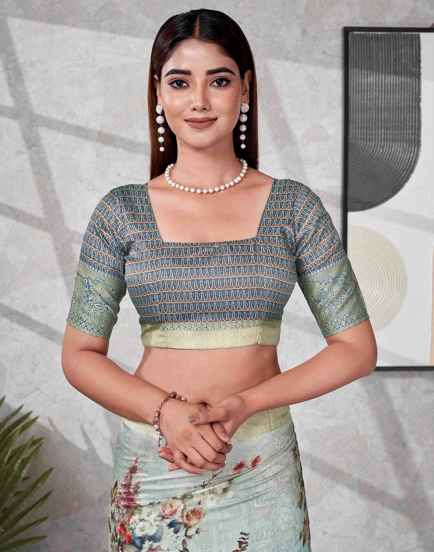 Teal Blue Silk Printed Saree