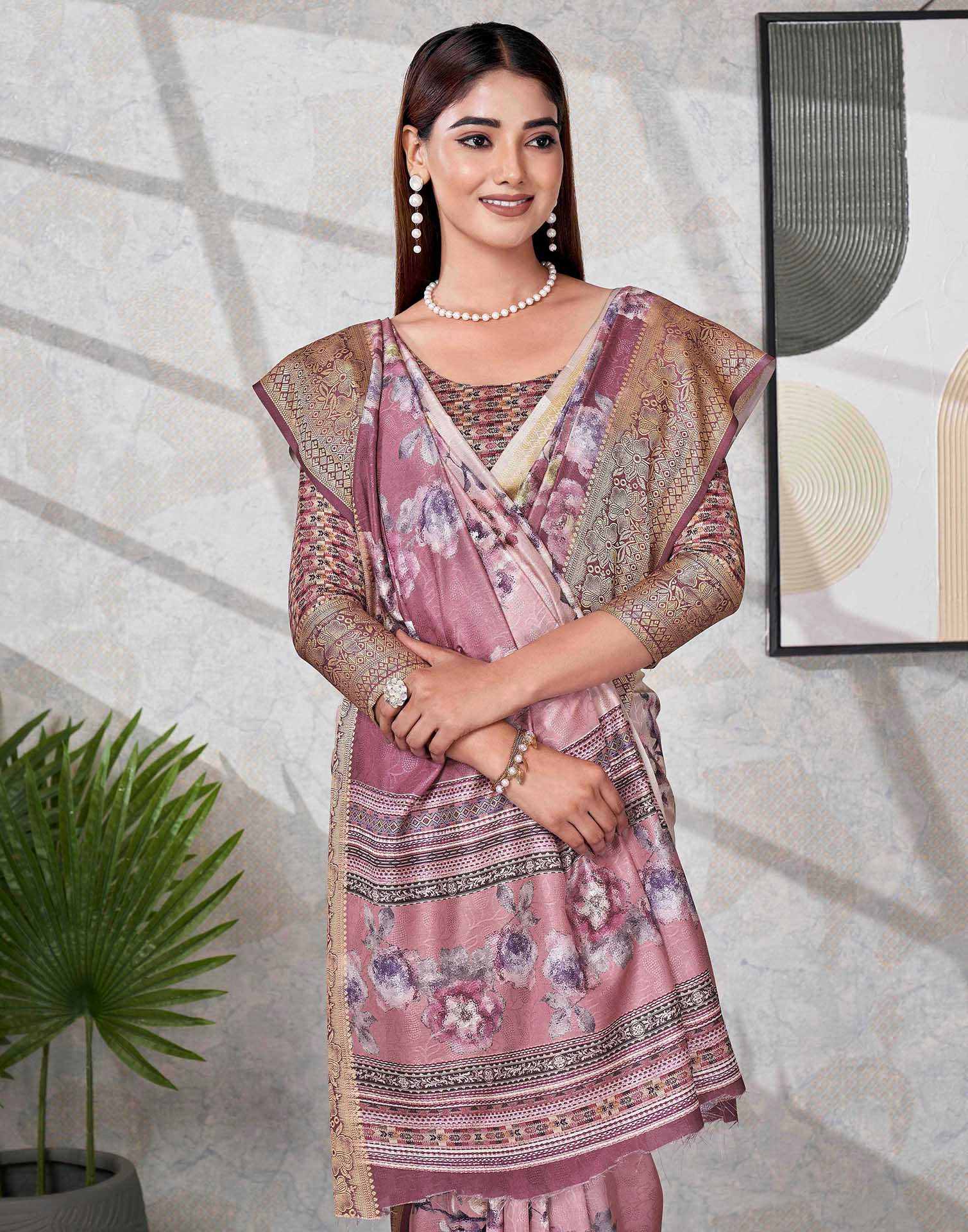 Dark Mauve Silk Printed Saree