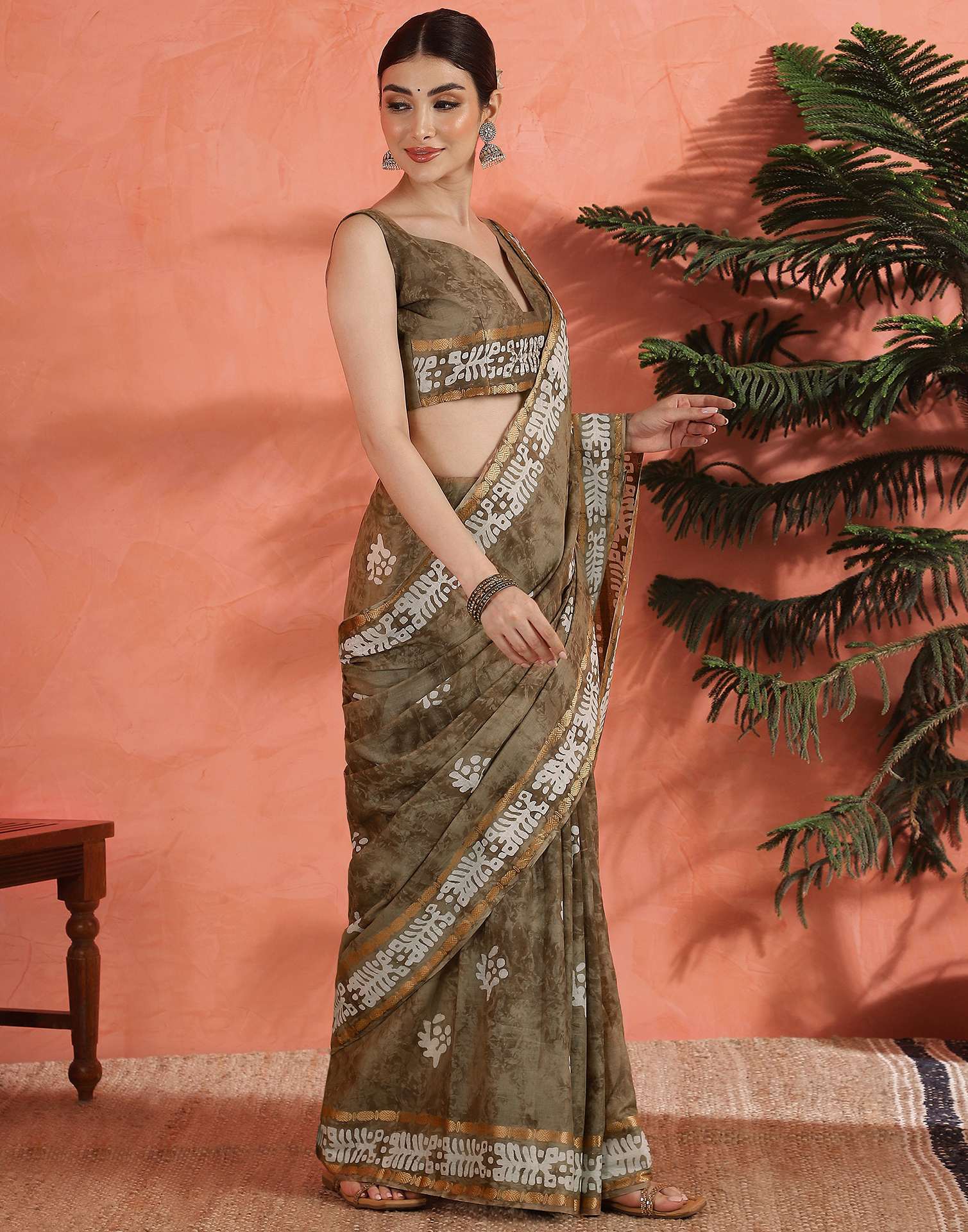 Brown Cotton Printed Saree