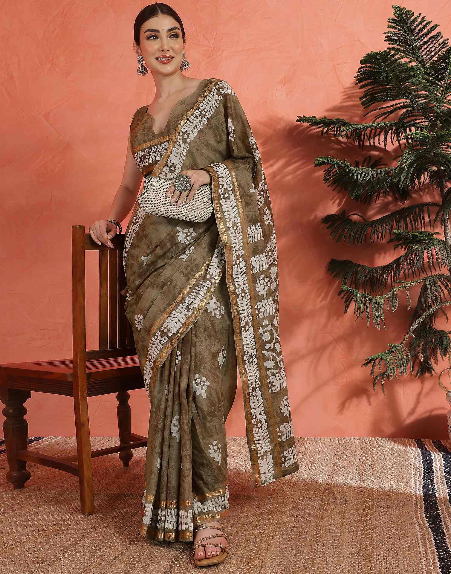 Brown Cotton Printed Saree